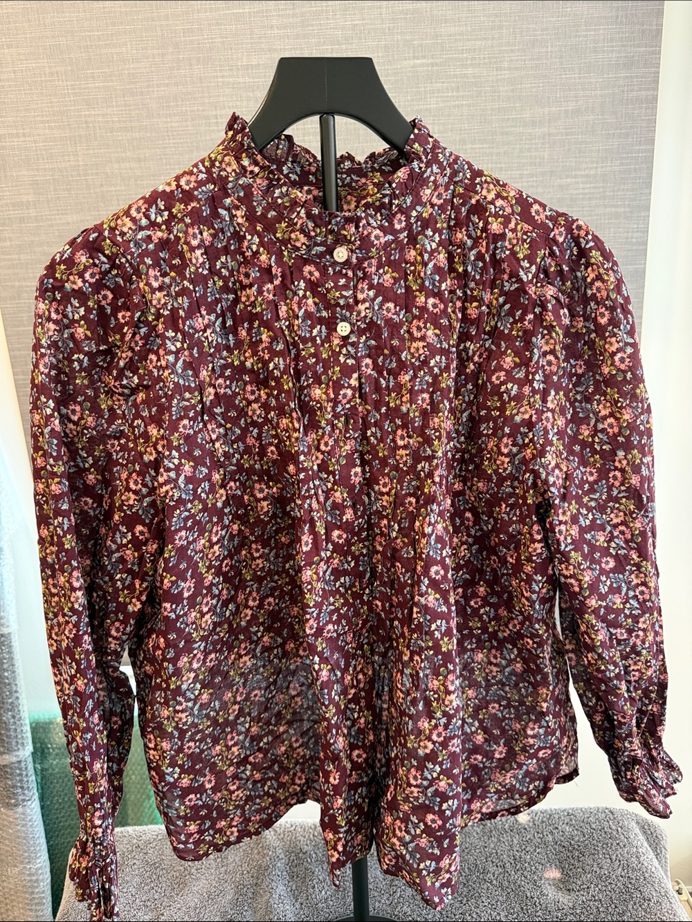 LOFT Burgundy Floral Pintuck Ruffled Collar Blouse